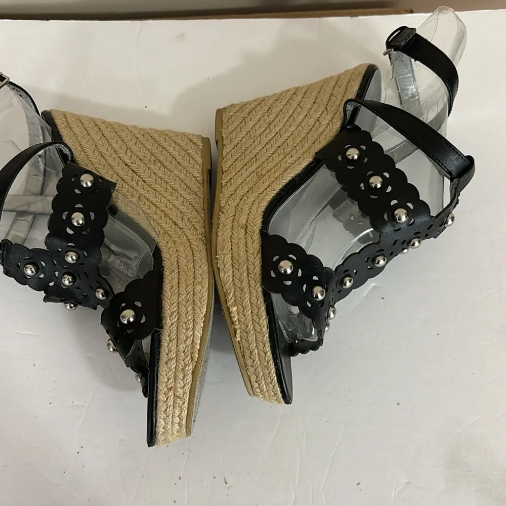 Cato Studded Black Platform Wedge Espadrille Sandals Size 8